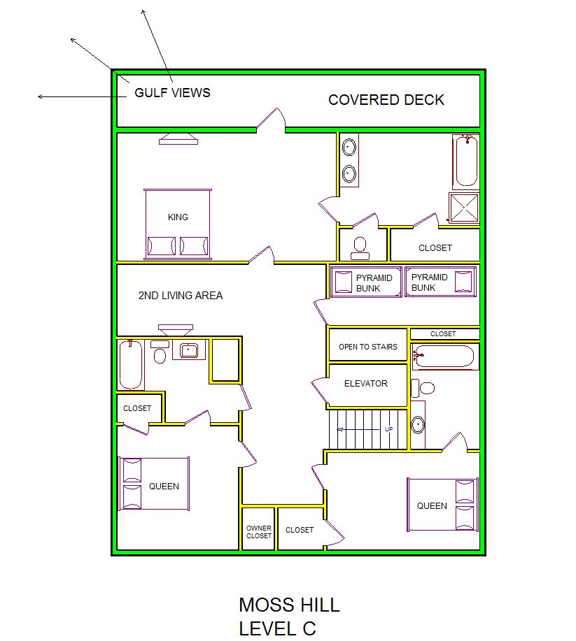 A level C layout view of Sand 'N Sea's beachside house vacation rental in Galveston named Moss Hill
